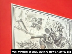 O ilustrație care înfățișează un lunetist nord-coreean ucigând soldați ucraineni.