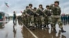 Russian soldiers march during the opening ceremony of the Zapad-2021 joint Russian-Belarusian drills in September 2021.