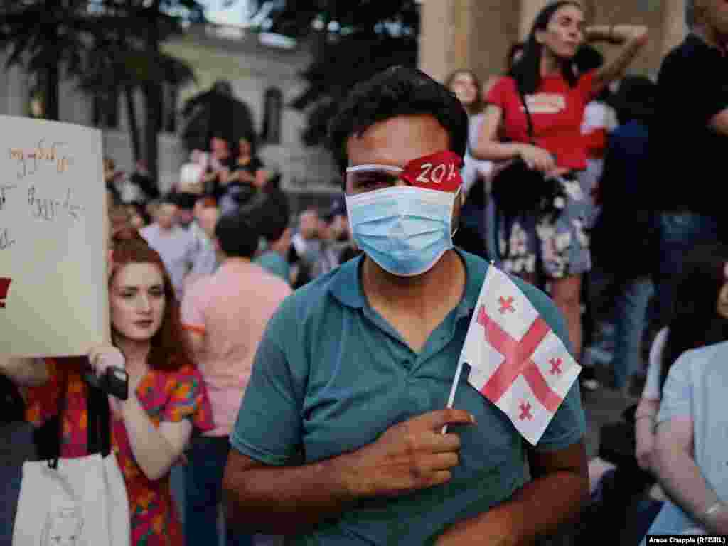 This protester's eye patch reads "20 percent," referring to the amount of Georgian territory made up by South Ossetia and Abkhazia, the two breakaway regions under the control of the Russian military.