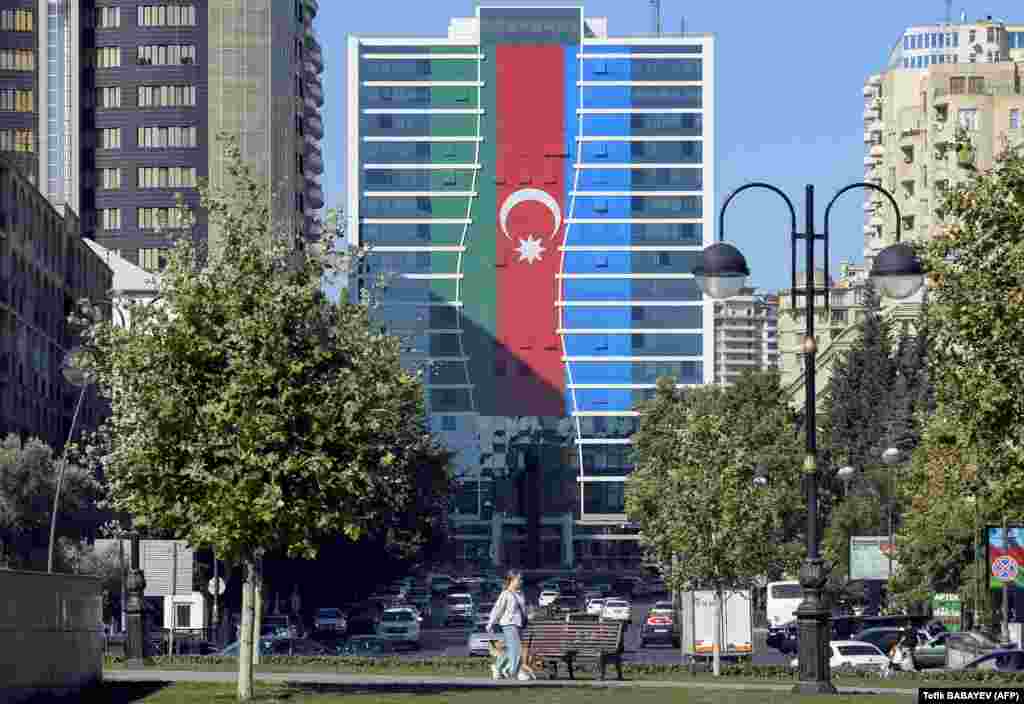A Baku building is seen painted with the Azerbaijan flag on October 13. 