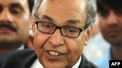 Makhdoom Shahabuddin, the nominated presidential candidate for prime minister, talks to journalists at the Parliament House after submitting his nomination papers in Islamabad.