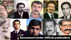 قربانیان قتلهای فراقضایی، از بالا چپ، فریدون فرخزاد، عبدالله قادری آذر،اقبال مرادی، شاپور بختیار،علیاکبر محمدی، عبدالرحمن قاسملو، شهریار شفیق، پیشوا عزیزپور، حمیدرضا چیتگر، غلامعلی نارکی (کشاورز)